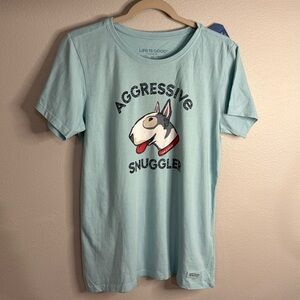 LIFE IS GOOD Dog Lovers Crusher Tee Super Soft Light Blue Women’s Size M